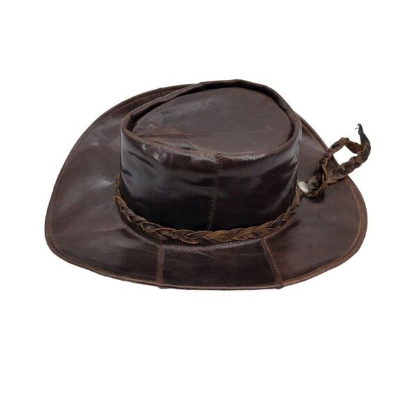 Vtg Hat Leather Cowboy Safari Distressed Braided Accent Unisex Dark Brown L 21" - Picture 8 of 10